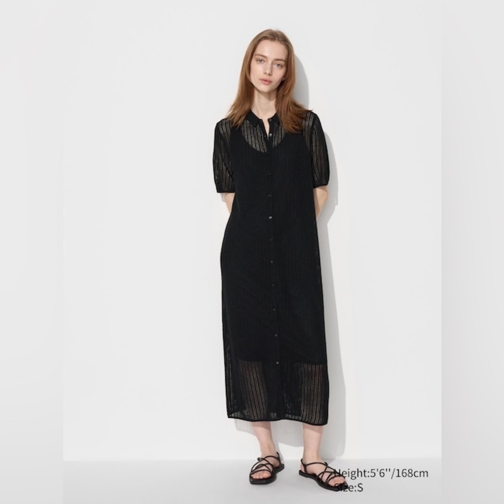 UNIQLO Lace Knit Dress Wool A-line Button Down Black  XS Open Knit midi collared - Picture 3 of 14